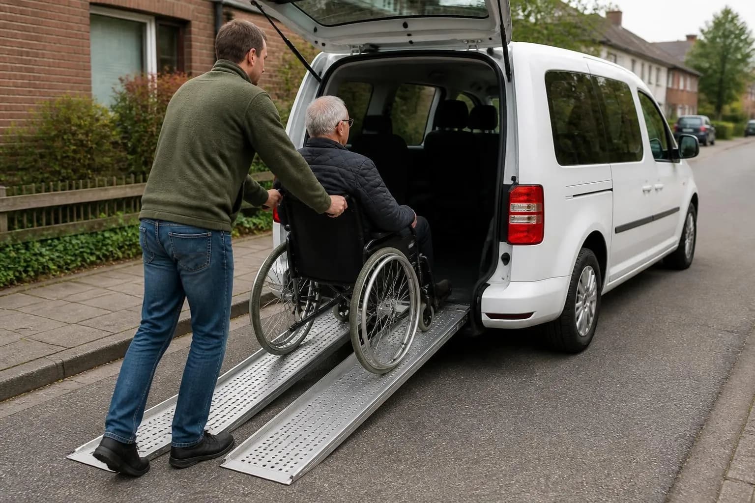 Rollstuhl wird über eine manuelle Rampe in ein LauterMobil-Fahrzeug geschoben