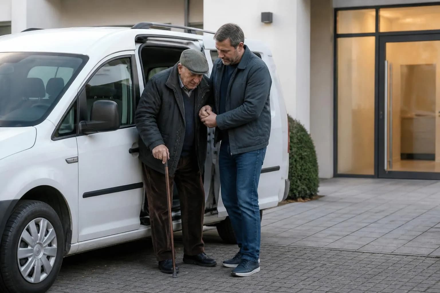 Helfer unterstützt eine ältere Person beim Ausstieg vor einer Praxis